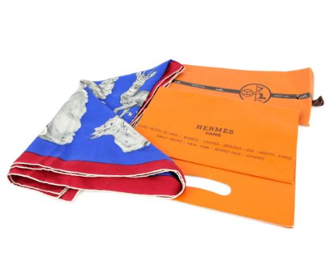 Hermes silk scarf "Les Biches" -(Deer) on royal blue back ground with deep red border by Xavier de Poret in 1958, 83cm x  84.
