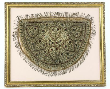 Antique Persian panel, embroidered design of boteh and deep red flowers, worked in silk and gilt thread,  embroidered area 28
