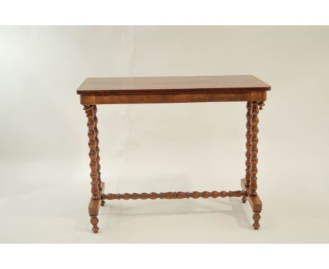 A Victorian crossbanded mahogany side table with bobbin turned supports, 87cm wide