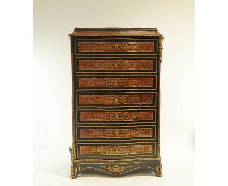 A red boulle serpentine front cabinet with six fake drawer fronts, all boulle panelled opening to reveal ten slides with gilt