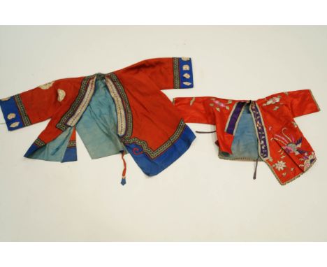 Three embroidered silk Chinese children's jackets, vintage and a Kimono with emkbroidered silk panel