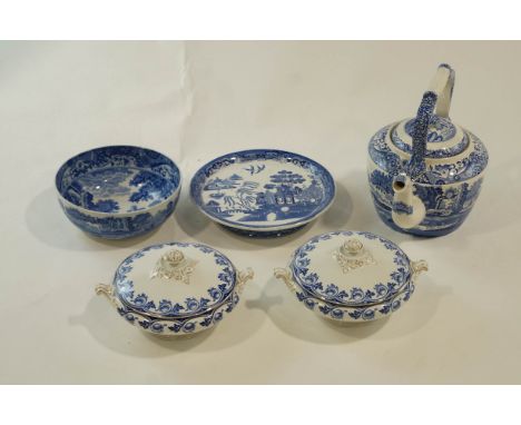 A group of blue and white pottery, comprising a Copeland Spode blue Italian fruit bowl a/f, a large kettle, spot a/f, two W H