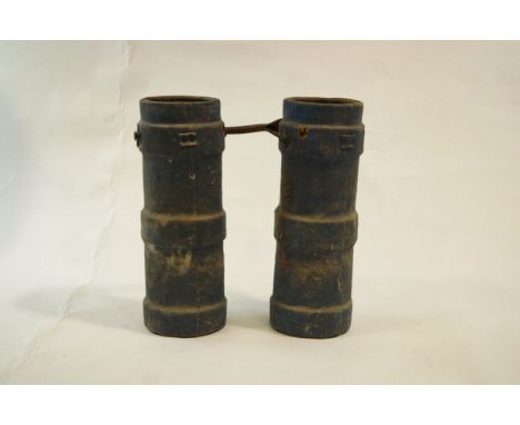 Two 19th Century shell carriers, blue painted exteriors with coat of arms visible but rubbed, with single leather handle (now