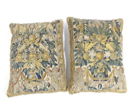 A PAIR OF BRUSSELS TAPESTRY CUSHIONS17TH CENTURY AND LATERone side worked with parrots, fruit and foliage and a pair of cheru