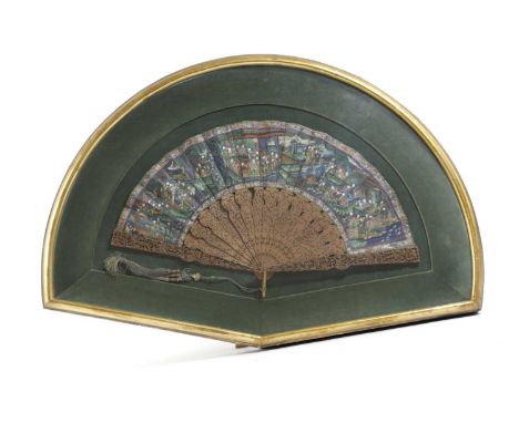 λ λ A CHINESE PAINTED PAPER FAN19TH CENTURYthe leaf painted with figures, the faces ivory, their clothes silk, within a borde