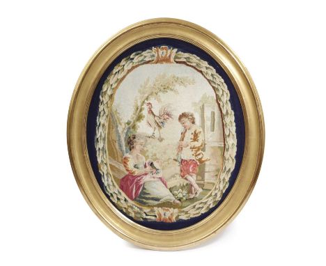 AN AUBUSSON STYLE TAPESTRY PANELLATE 18TH CENTURYin silk and wool, depicting a young couple before a ruin, a cockerel looking