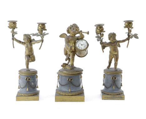 A FRENCH ORMOLU AND GREY MARBLE CLOCK GARNITUREIN LOUIS XVI STYLE, MID-19TH CENTURYthe central cherub with a trumpet and drum