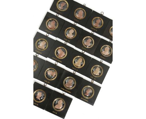 A SET OF EIGHTEEN WAX PORTRAIT RELIEF BUSTS OF EUROPEAN ROYALTY19TH CENTURYeach bust in a circular gilt bezel and mounted in 