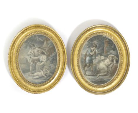 A PAIR OF GEORGE III OVAL COLOURED STIPPLE ENGRAVINGSLATE 18TH CENTURYof 'Cymon & Iphigene' and 'An Arrow from Cupid's quiver