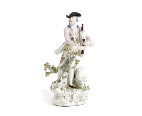 A BOW PORCELAIN FIGURE OF A MAN PLAYING BAGPIPESC.1750-60modelled standing before a tree stump, with a sheep and a dog at his