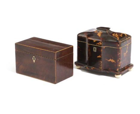 λ λ A LATE REGENCY TORTOISESHELL TEA CADDY EARLY 19TH CENTURYinlaid with pewter stringing, the twin lidded interior with ivor