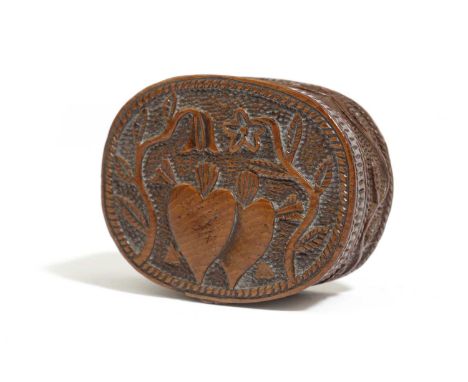 A TREEN YEW 'SISSINGHURST' SNUFF BOX PRISONER OF WAR, MID-18TH CENTURYof oval form, the pull-off cover carved with twin heart