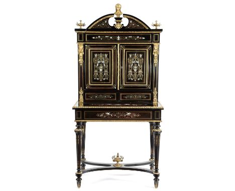 λ λ A VICTORIAN EBONY AND GILT BRASS MOUNTED BONHEUR DU JOUR IN LOUIS XVI STYLE, C.1860-70inlaid with ivory and mother of pea