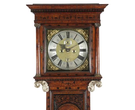 A QUEEN ANNE WALNUT AND MARQUETRY LONGCASE CLOCKC.1705the brass eight day movement with five turned, finned and latched pilla