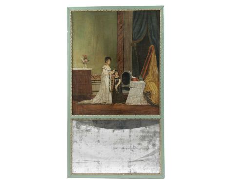A FRENCH PAINTED TRUMEAU WALL MIRROR19TH CENTURYwith a rectangular plate below an oil on canvas painting of a naive interior 