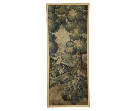 AN AUBUSSON VERDURE TAPESTRY FRAGMENT PANELCENTRAL FRANCE, LATE 17TH / EARLY 18TH CENTURYdepicting a heron in a woodland sett