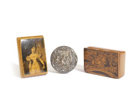 TWO SCOTTISH SYCAMORE MAUCHLINE WARE SNUFF BOXES19TH CENTURYone decorated with Tam O'Shanter riding a horse being chased over