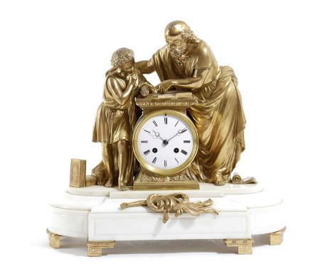 A FRENCH NAPOLEON III ORMOLU AND WHITE MARBLE MANTEL CLOCK IN EMPIRE STYLE, MID-19TH CENTURYthe brass eight day drum movement