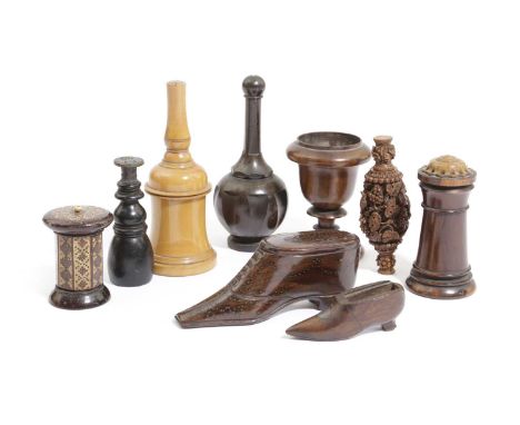 λ λ A COLLECTION OF TREEN19TH CENTURYincluding: a Victorian rosewood snuff shoe with brass tack decoration, a carved coquilla