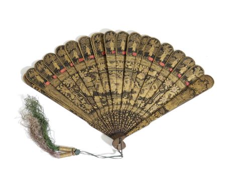 A CHINESE EXPORT BLACK LACQUER BRISE FAN FIRST HALF 19TH CENTURYdecorated in gilt with figures, flowers and pavilions, double