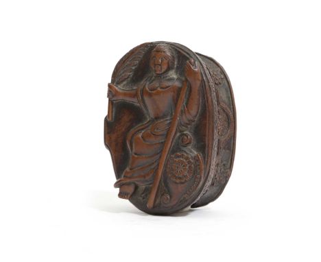 A TREEN OVAL SNUFF BOX POSSIBLY SISSINGHURST CASTLE, MID-18TH CENTURYthe lid carved with a naive figure of Britannia, seated 