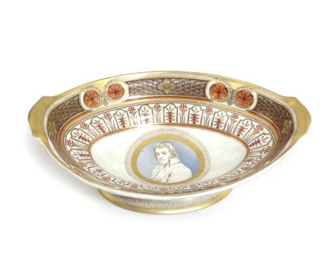 AN ENGLISH PORCELAIN OVAL TAZZAMID-19TH CENTURYwith a portrait of a young man inside bands of stylized flowering foliage31cm 