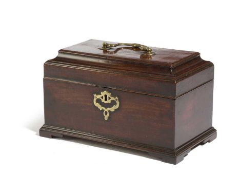 A GEORGE III MAHOGANY TEA CADDYIN CHIPPENDALE STYLE, C.1760-70with a brass swing handle and a three section interior14.7cm hi