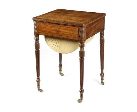 A REGENCY MAHOGANY WORK TABLEIN THE MANNER OF GILLOWS, EARLY 19TH CENTURYinlaid with ebonised stringing, the frieze drawer fi