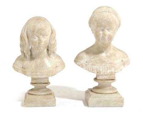 TWO ALABASTER PORTRAIT BUSTS OF GIRLS BY GIOVANNI INSOM (ITALIAN 1775-1855)each signed and dated '1842' and '1849' (2)19cm hi
