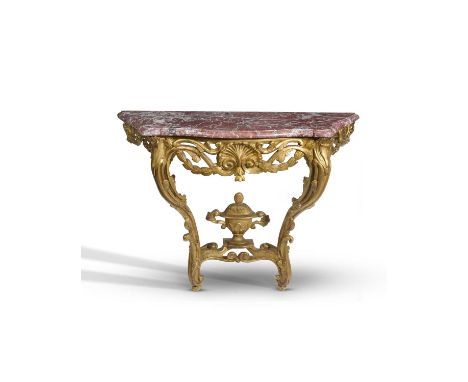 A FRENCH LOUIS XV GILTWOOD CONSOLE TABLEMID-18TH CENTURYthe red marble serpentine top with a moulded edge, above a pierced fr