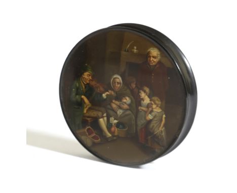 A GERMAN LACQUERED PAPIER-MÂCHÉ SNUFF BOXBY STOBWASSER, FIRST HALF 19TH CENTURYpainted with a family interior scene after Dav