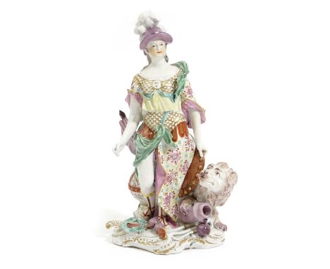 A DERBY PORCELAIN FIGURE OF BRITANNIAC.1760-70modelled standing with a globe, a lion and trophies of war at her feet, with pa