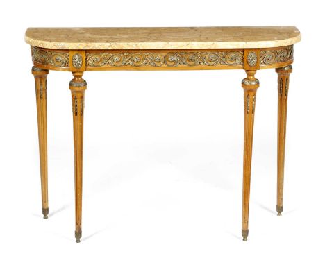 A FRENCH STAINED WOOD AND ORMOLU CONSOLE TABLE IN LOUIS XVI STYLE, 20TH CENTURYthe marble top above a foliate Vitruvian scrol