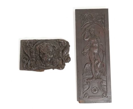 A CARVED WALNUT PANEL OF JUPITERFRENCH OR ITALIAN, 17TH CENTURYthe classical god standing on a plinth with a thunderbolt in h