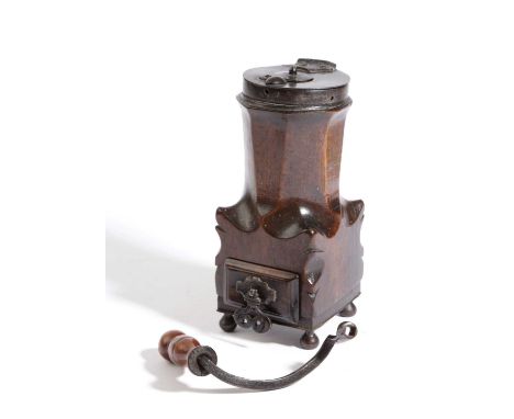 A FRENCH TREEN IRON MOUNTED FRUITWOOD COFFEE GRINDER  18TH CENTURYthe iron hinged cover indistinctly stamped to the underside