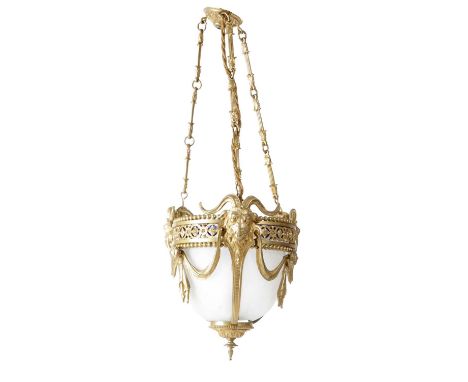 A PAIR OF FRENCH GLASS AND ORMOLU CEILING LIGHTSLATE 19TH / 20TH CENTURYeach with an ogee bowl suspended from three foliate c