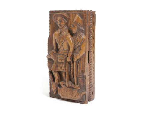 A SCOTTISH FOLK ART TREEN CARVED SYCAMORE TABLE SNUFF BOX IN THE MANNER OF THE BLIND MAN OF GLASGOW, LATE 19TH CENTURYthe hin