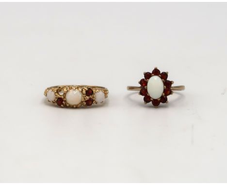 A 9ct hallmarked yellow gold opal and garnet dress ring, size M, approx 2.3 grams, along with another 9ct hallmarked yellow g