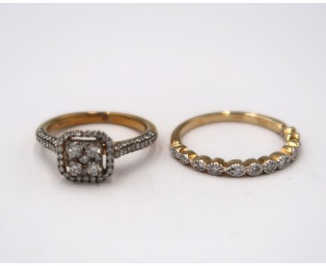Two 9ct gold diamond rings. To include an illusion set brilliant cut diamond 12 stone ring. Stated diamond weight 0.14ct. Siz