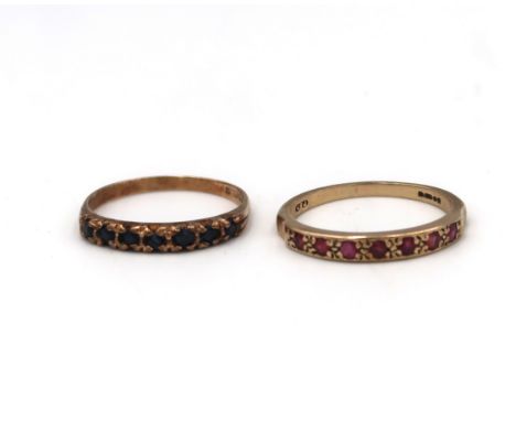 Two 9ct gold rings. To include a sapphire seven stone ring, size Q and a ruby seven stone ring, size R. Weight 3.79 grams