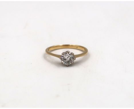 A transitional cut diamond solitaire ring. Estimated 0.90ct H/I colour,  I 1/2 clarity. Tested gold 18ct. Weight 2.74 grams S