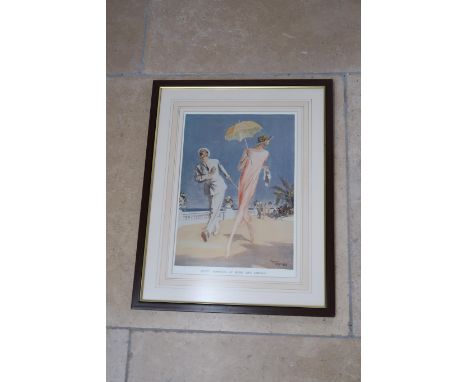 A lithographic reproduction of 'Happy Moments at Home and Abroad', 37 by 25.5cm and an etching of a windmill aside a waterway