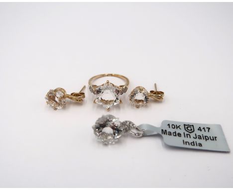 Three pieces of Itinga Petalite jewellery. To include a white cold circular pendant with zircon set surmount. A pair of snowf