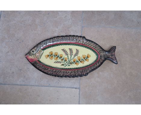 Two French Quimper dishes, both fish and fishing themed, each 61cm long.