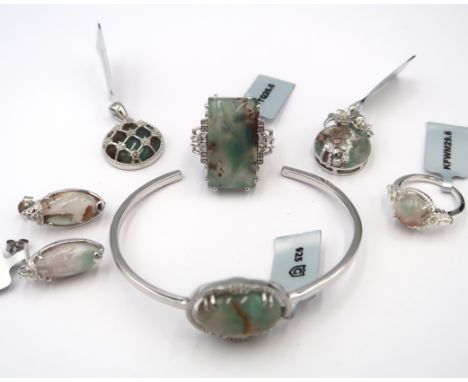 Six pieces of silver Aquaprase, zircon and diamond jewellery. To include an oval cabochon and white zircon cluster torc style