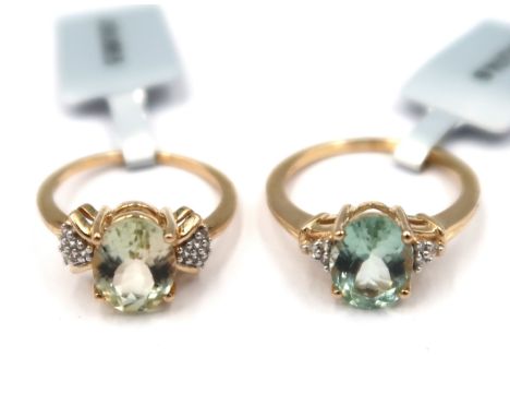 A 9ct gold oval mint tourmaline and single cut diamond ring. Size M. Together with a similar imperial tourmaline and white zi