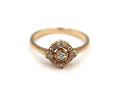 A 9ct yellow gold Art Deco style diamond ring - diamonds are well matched, bright and lively - head size approx 8mm x 8mm - r