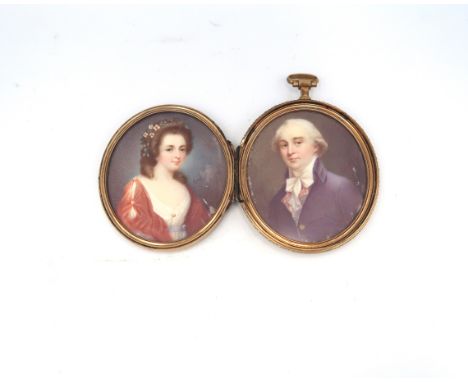 A pair of miniature portraits in an oval silver gilt and tortoiseshell mounted oval twin frame, the two portraits depicting E