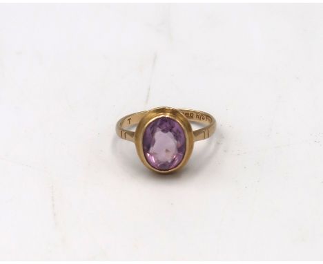 A vintage 9ct gold and amethyst set dress ring, size L, 2.5g.