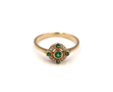 A 9ct yellow gold Art Deco style emerald and diamond ring - emeralds and diamonds are well matched - head size approx 8mm x 8